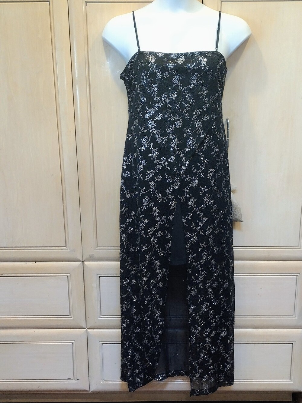 🖤Y2K Black Fairy Goth Dress w Faux Wrap Mesh Floral Glitter Overlay